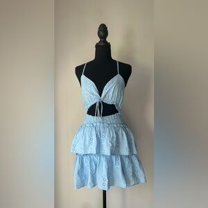 Cottage Light Blue Eyelet Mini Dress with zip back, tie front and tiered skirt